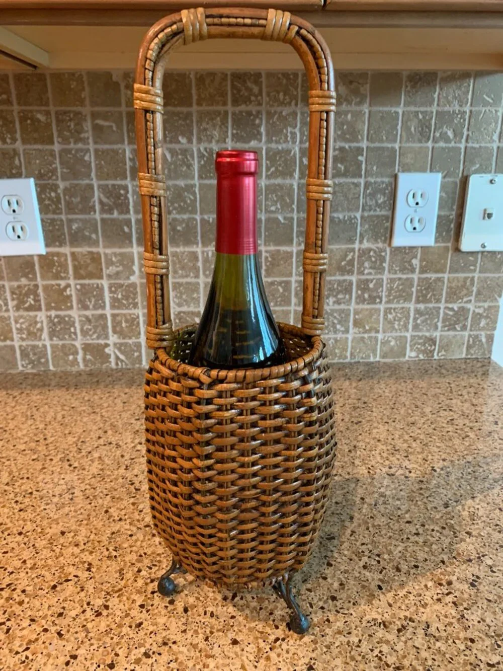 Woven Rattan and Bamboo Basket on 3 Footed Stand Vintage Ikebana Japanese Style